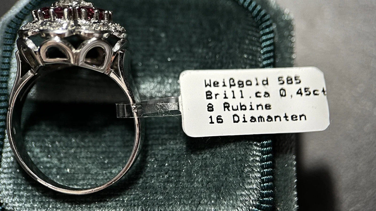 585 Weißgold Ring mit Rubinen, Diamanten & Brillant ca. 0,45 ct R/iF Gold 14K