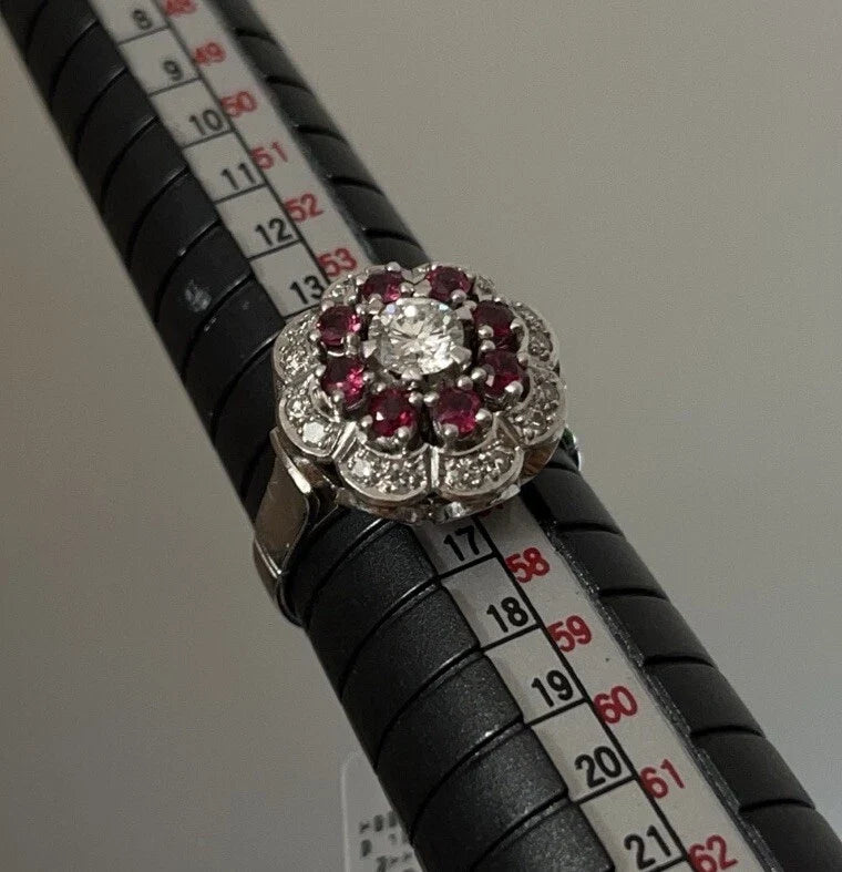 585 Weißgold Ring mit Rubinen, Diamanten & Brillant ca. 0,45 ct R/iF Gold 14K