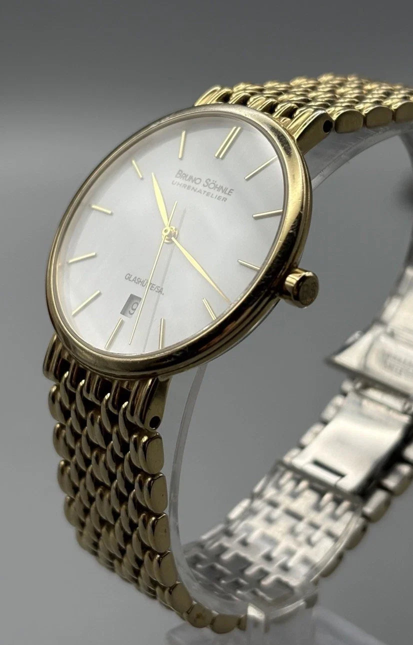 Bruno Söhnle Glashütte Stuttgart Quarz Uhr 35 mm Vergoldet Fullset RONDA