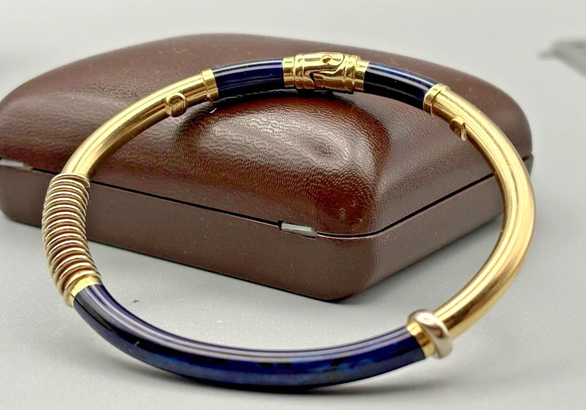 14 Karat Gold Armreif 585 Gelbgold Blaue Emaille 18,5 cm Umfang Vintage