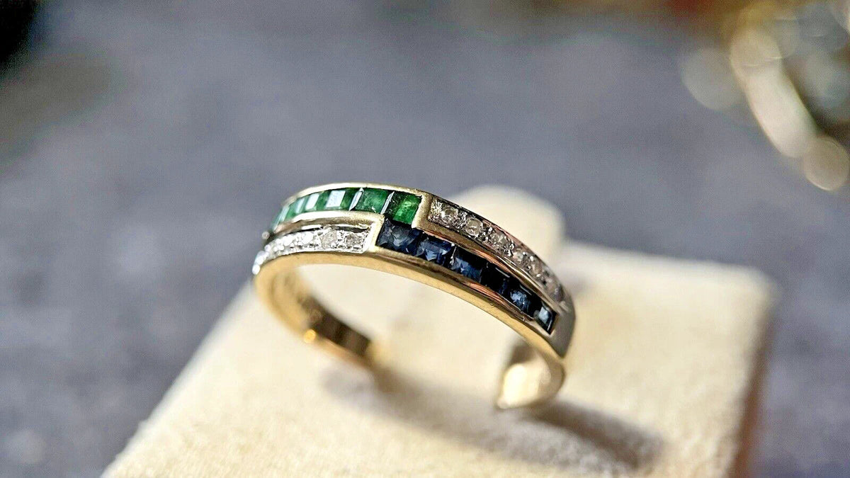 14 Karat Gold Ring Mit Saphir, Smaragd & Diamanten Gr. 54 Gelbgold 585