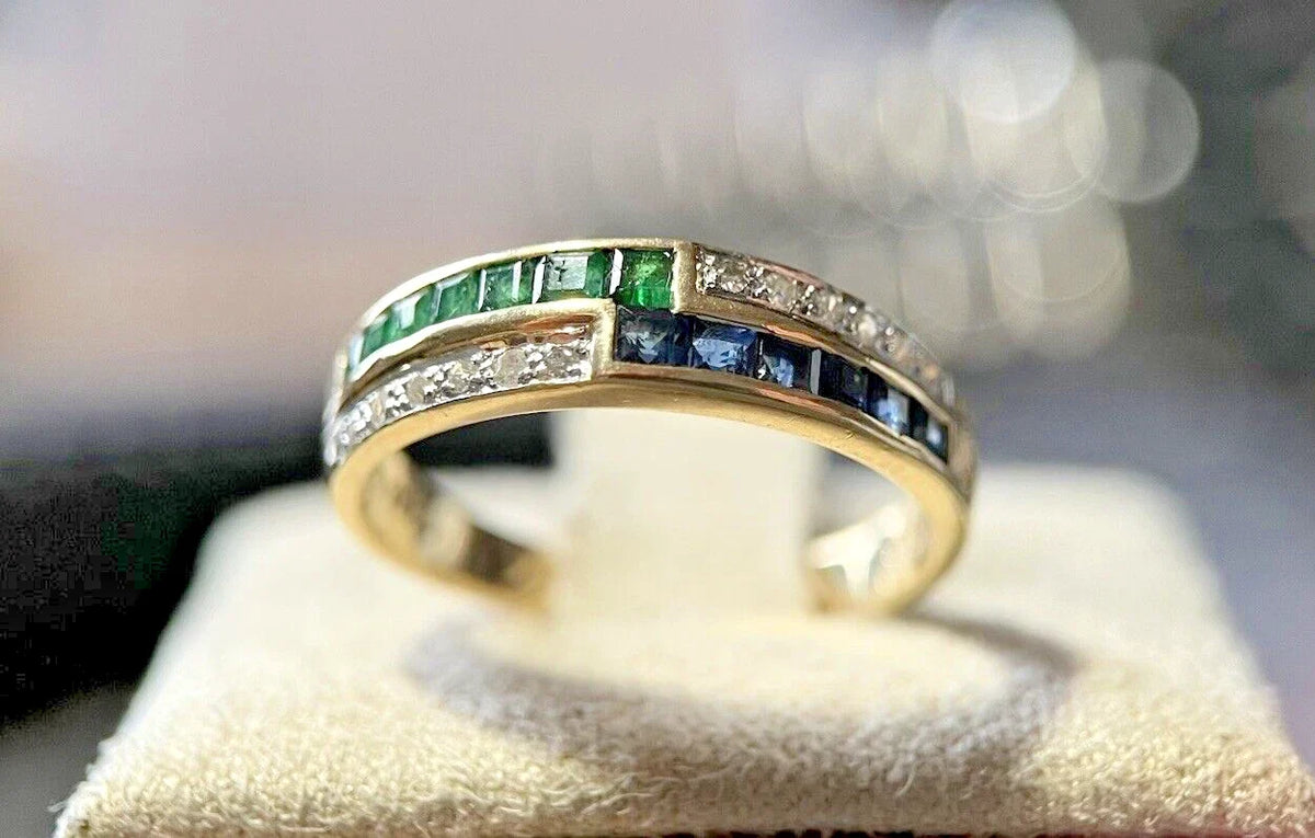 14 Karat Gold Ring Mit Saphir, Smaragd & Diamanten Gr. 54 Gelbgold 585