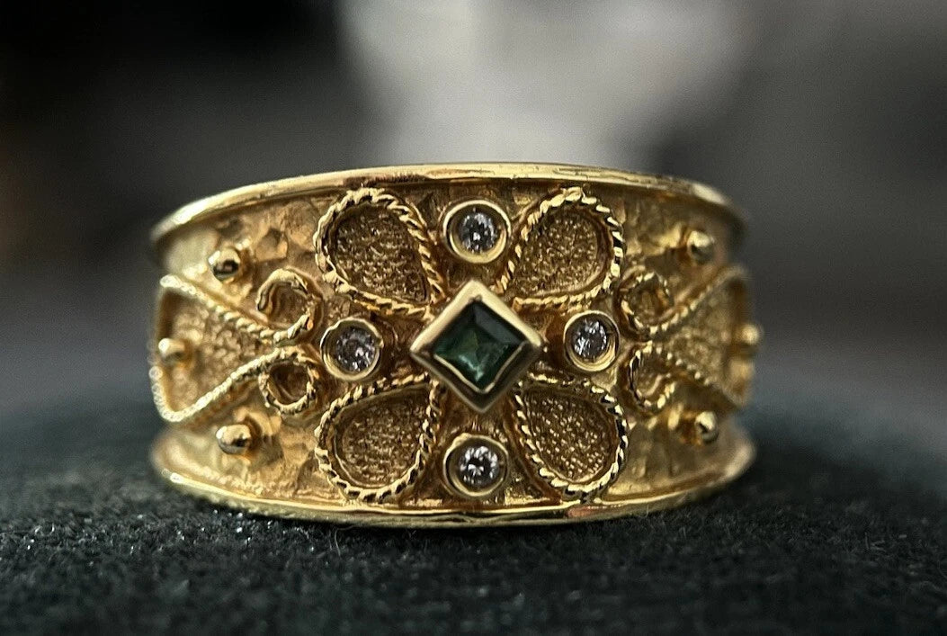 18 Karat Gold Ring Mit Smaragd & 4 Brillanten Gr. 56,5 750 Gelbgold 7,6 Gramm