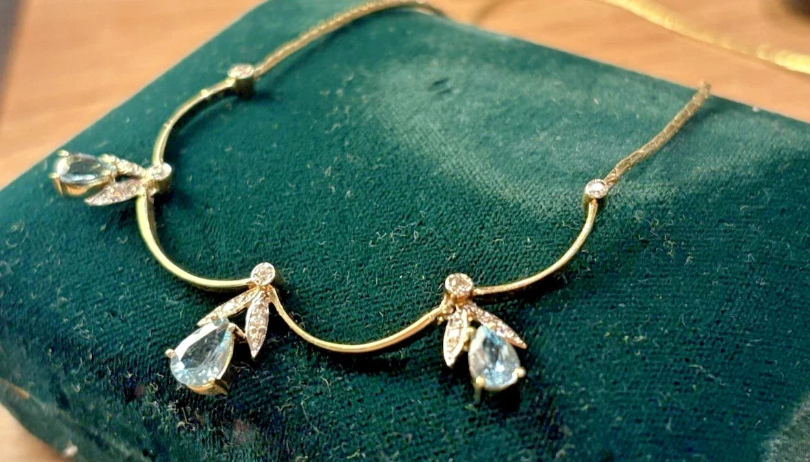 14 Karat Gold Collier Aquamarin & Brillanten Damen 585 Gelbgold Halskette