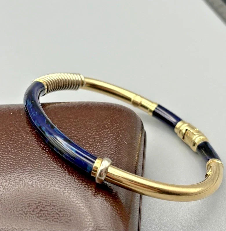 14 Karat Gold Armreif 585 Gelbgold Blaue Emaille 18,5 cm Umfang Vintage