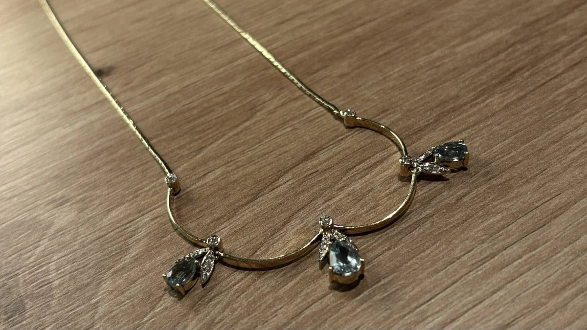 14 Karat Gold Collier Aquamarin & Brillanten Damen 585 Gelbgold Halskette