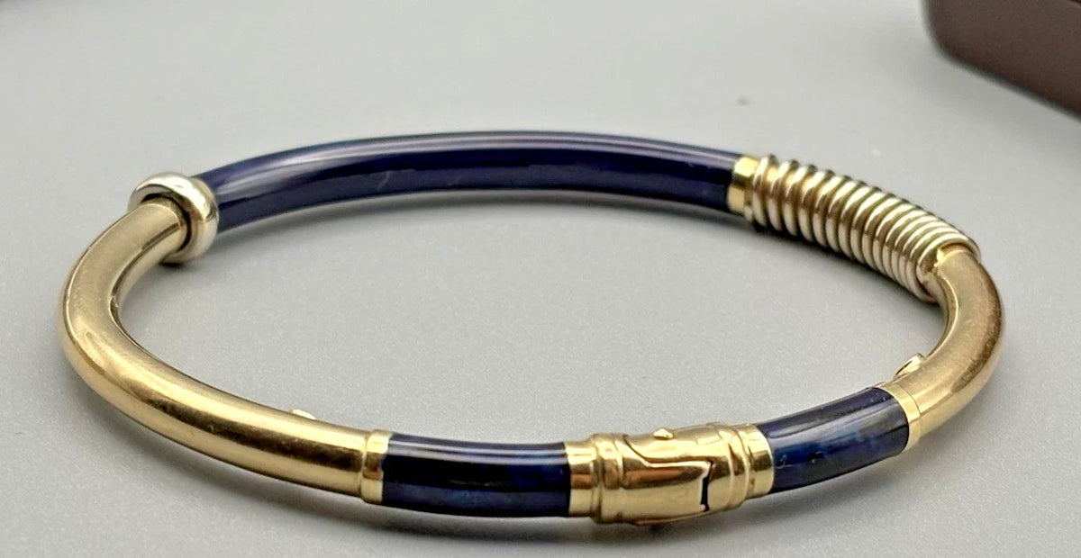14 Karat Gold Armreif 585 Gelbgold Blaue Emaille 18,5 cm Umfang Vintage