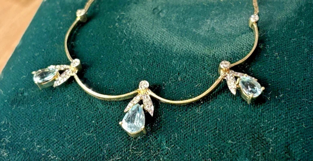 14 Karat Gold Collier Aquamarin & Brillanten Damen 585 Gelbgold Halskette