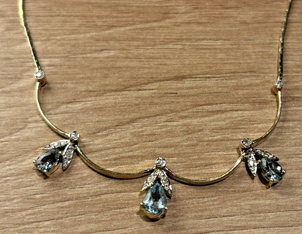 14 Karat Gold Collier Aquamarin & Brillanten Damen 585 Gelbgold Halskette