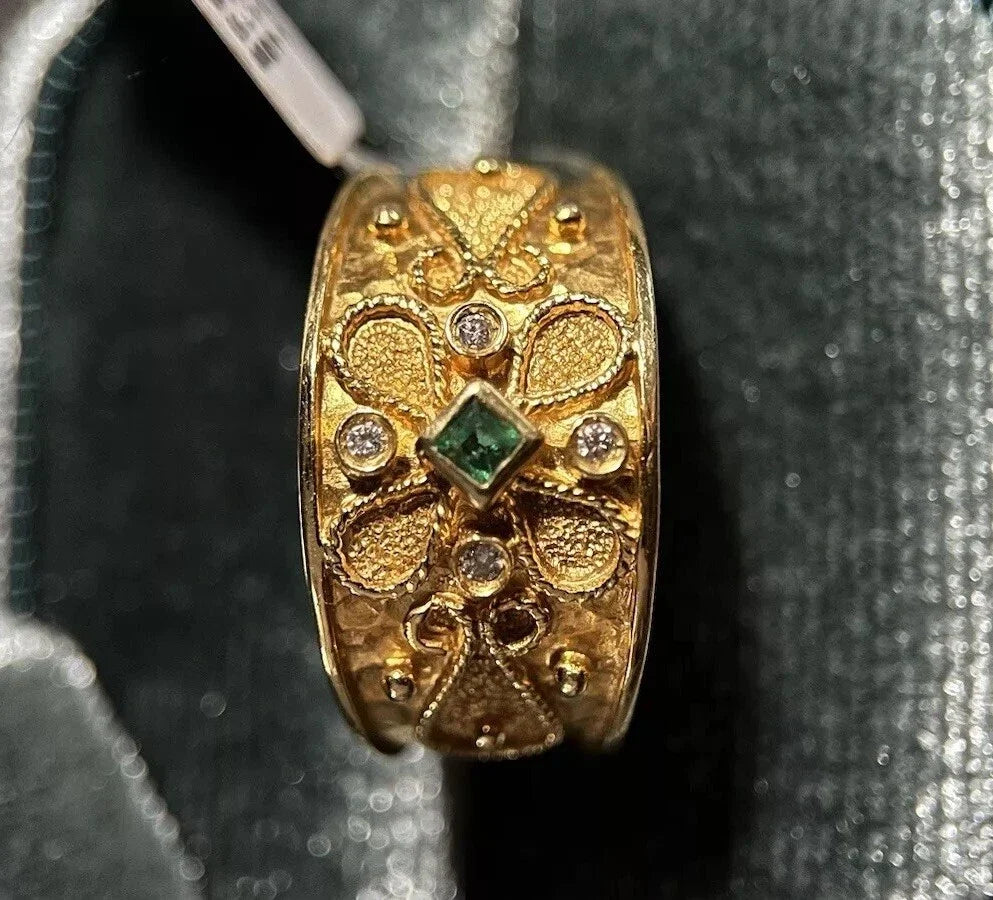18 Karat Gold Ring Mit Smaragd & 4 Brillanten Gr. 56,5 750 Gelbgold 7,6 Gramm