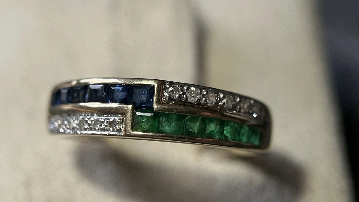 14 Karat Gold Ring Mit Saphir, Smaragd & Diamanten Gr. 54 Gelbgold 585