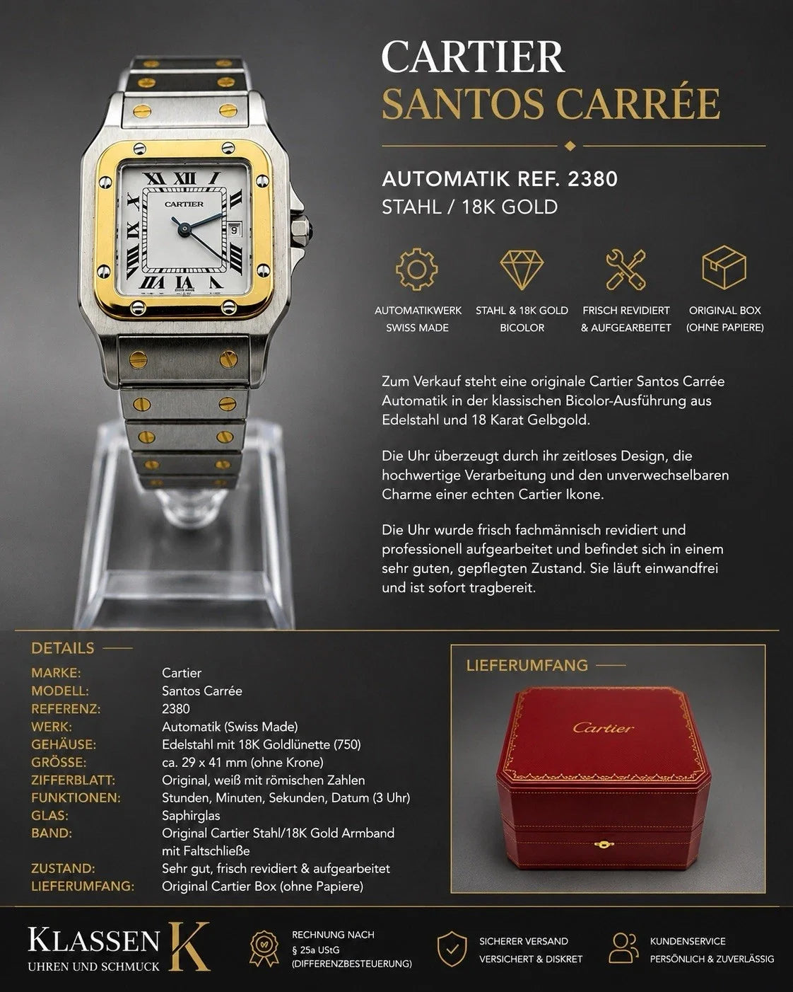Cartier Santos Carrée Automatik AC23.80 Stahl/18K Gold Frisch Revidiert Box