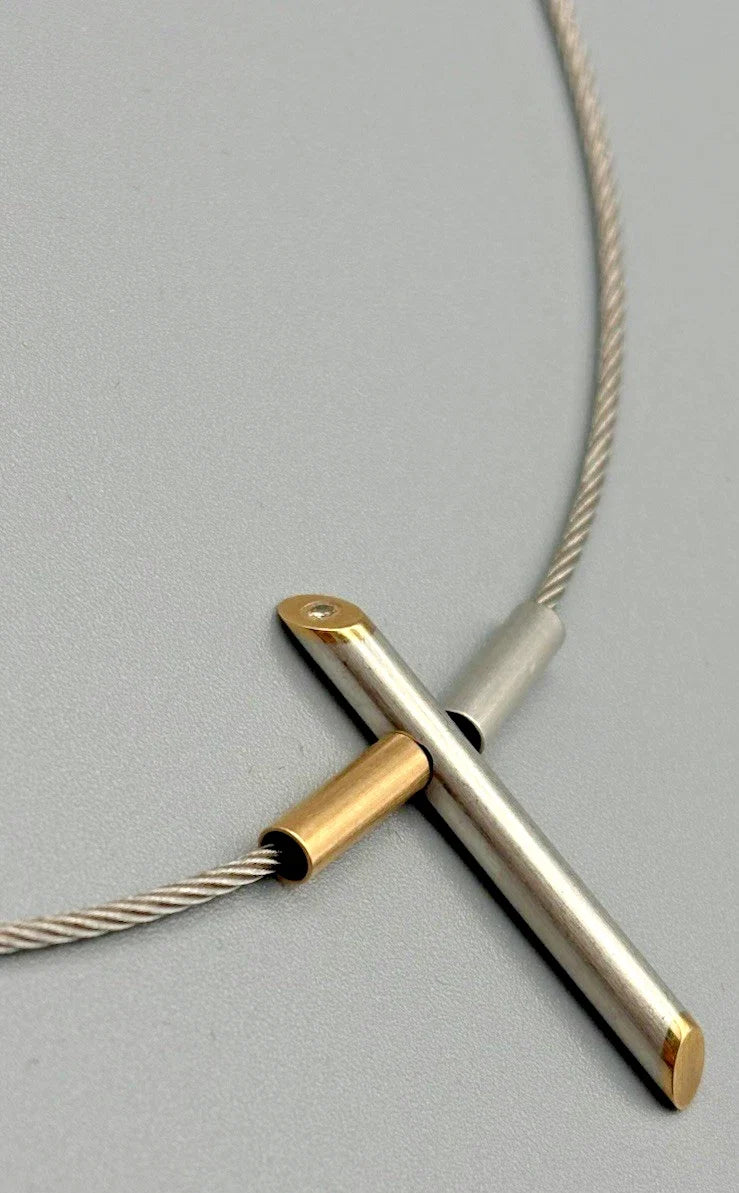 Platin 950 / Gold 750 Collier Halskette Kreuz Mit Brillant 42 cm