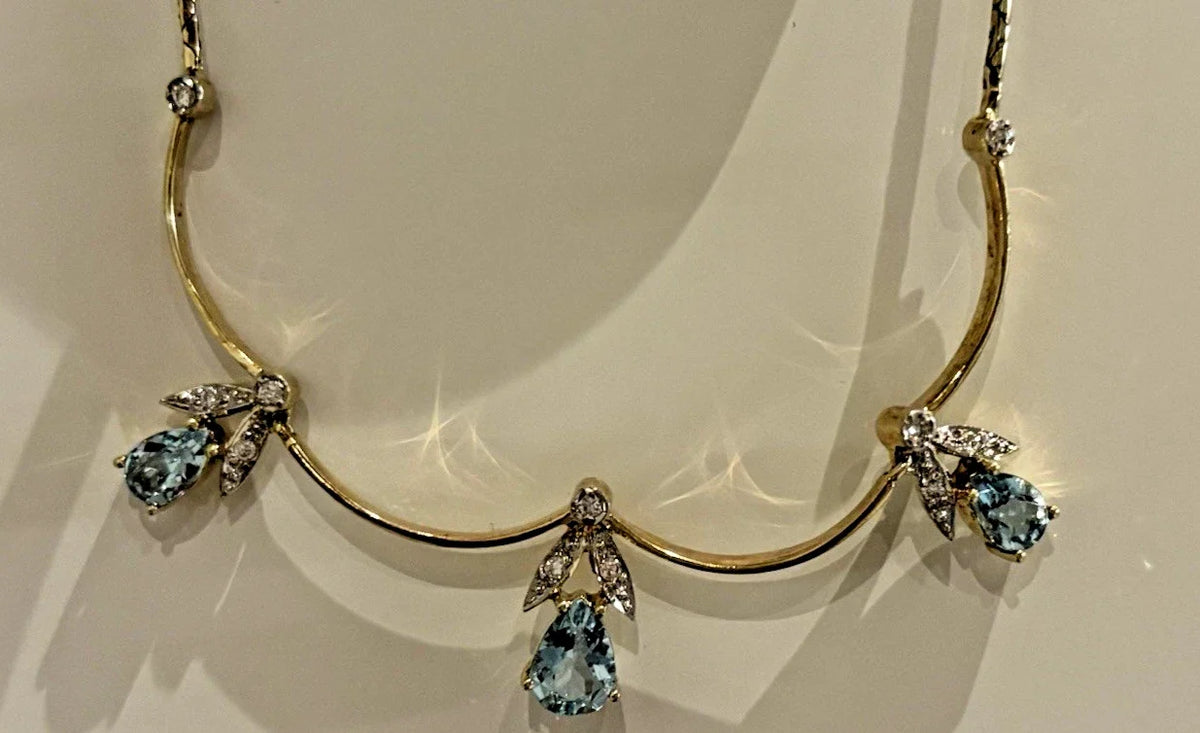 14 Karat Gold Collier Aquamarin & Brillanten Damen 585 Gelbgold Halskette